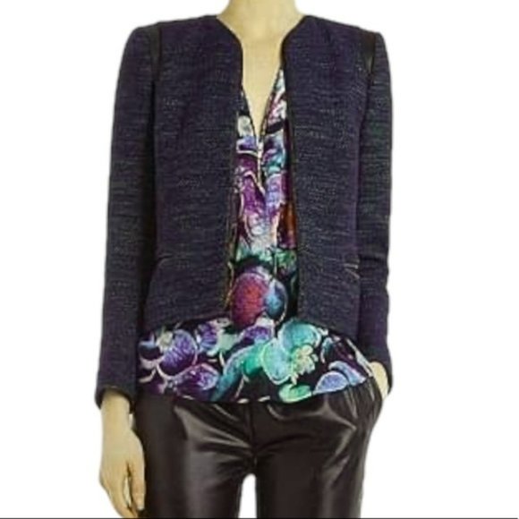 Sandro Valentin Blue and Red Tweed Blazer Jacket leather  shoulder chain details - Picture 2 of 16